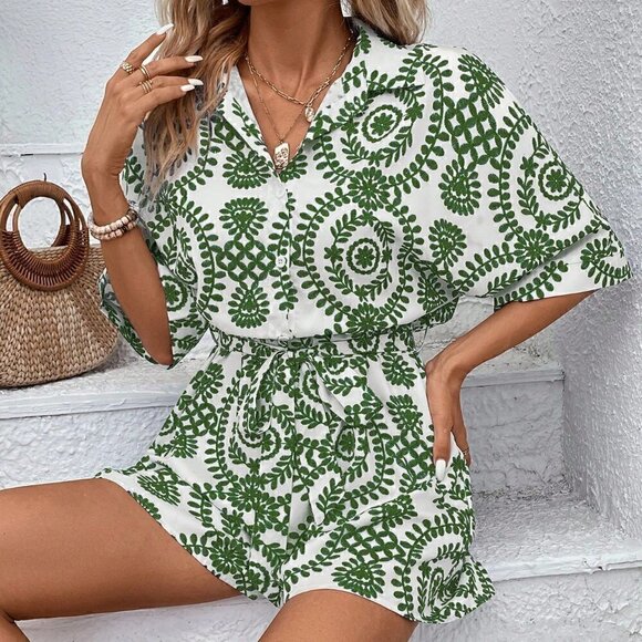 . Pants - Green Boho Women's Summer Beach Floral Printed Shirt Jumpsuit Shorts